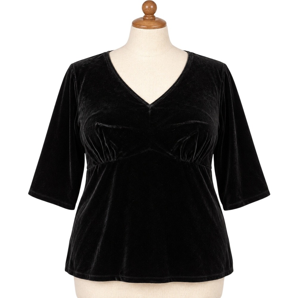 Coldwater Creek Velvet Blouse Womens 2X Black V-Neck 3/4 Sleeve Top Whimsigoth